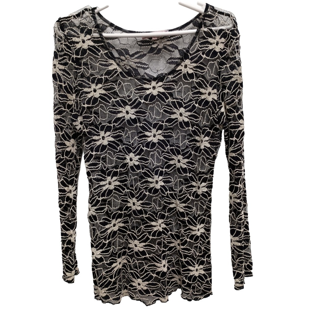Y2K Young Essence Fairy Grunge Top Womens Large Black White Floral Sheer Lace